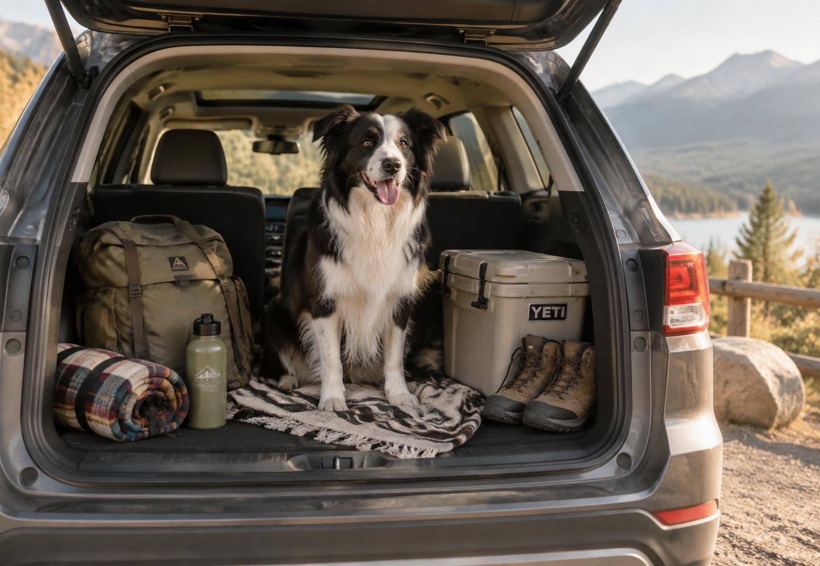 A dog resting on a car hammock during a road trip stop