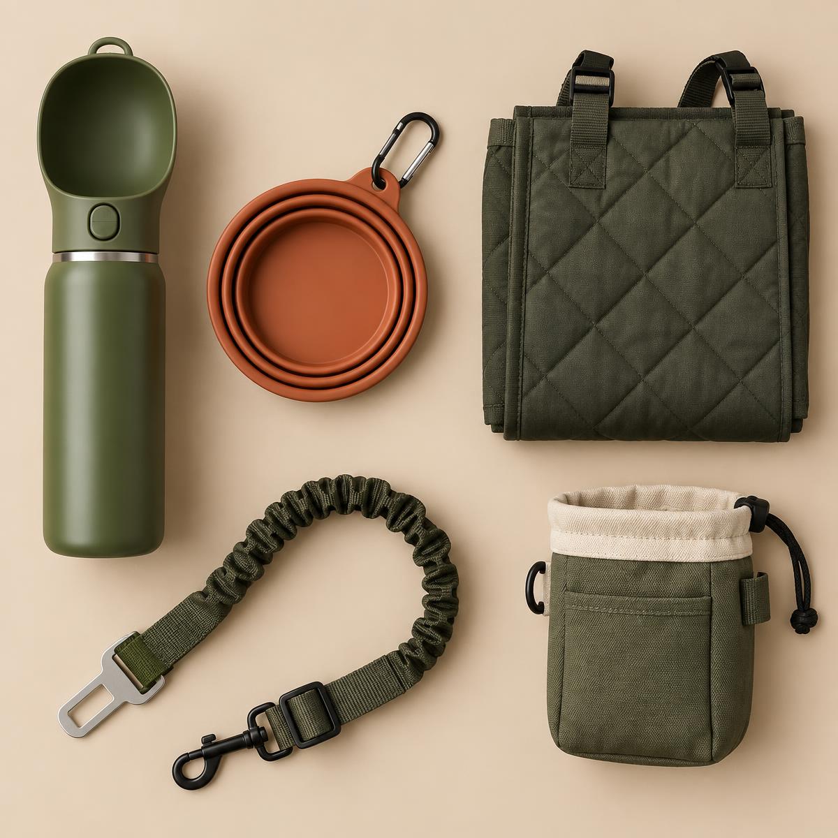 The DoggiesStyle Adventure Kit laid out flat: hydration bottle, folding travel bowl, car hammock, safety tether and treat pouch